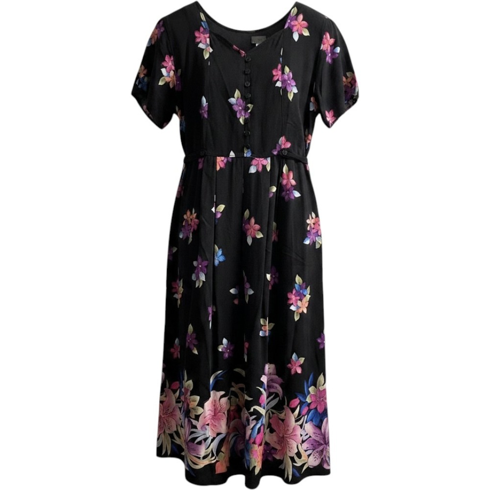 Vintage Erika Dress Black Dark Floral Midi Pleated PL Cottagecore Grandma Church